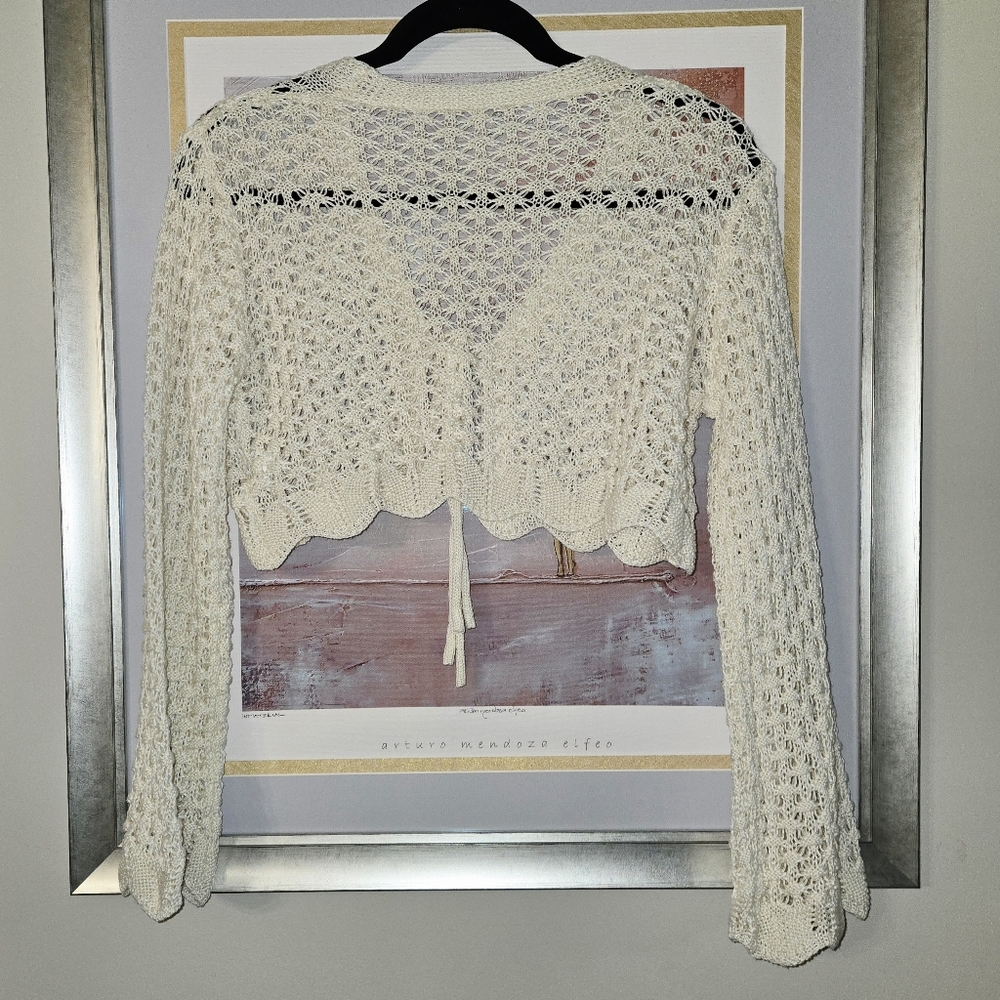 Crochet Tie Front Scallop Trim, Trumpet Sleeve Cropped Cardigan Boho Festival - Picture 6 of 10